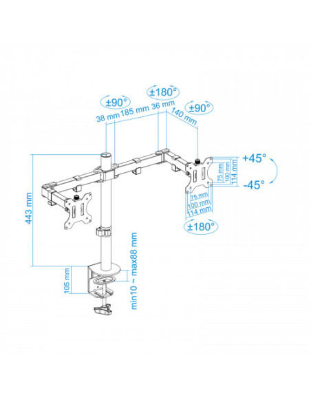 TOOQ SOPORTE 2 PANTALLAS. MESA. 100x100. GIRATORIO+INCLINABLE. 13-32". MAX.8KG. NEGRO (DB1232TN-B)