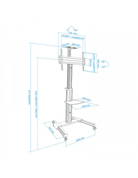 TOOQ SOPORTE PANTALLA. SUELO CON RUEDAS. 600x400. ROTACION 90º. 37-70". MAX.50KG. NEGRO (FS1870M-B)