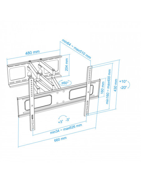 TOOQ SOPORTE PANTALLA. PARED. 600x400. GIRATORIO+INCLINABLE. 37-70". MAX.50KG. GIRATORIO+INCLINABLE (LP6270TN-B)