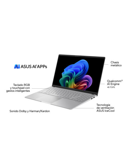 PORTATIL ASUS VIVOBOOK S 15 S5507QA-MA006W.  15.6" WIDE QUAD HD+ OLED. QUALCOMM X1E-78-100. QUALCOMM ADRENO GPU. 16GB LPDDR5. 1T