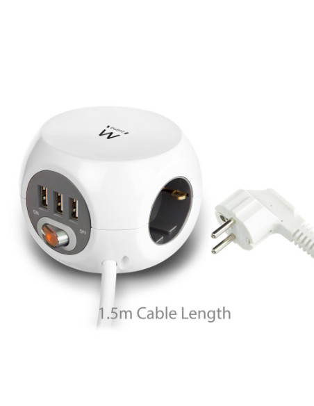 EWENT TOMA DE CORRIENTE CÚBICA CON TRES SALIDAS Y TRES ENTRADAS, INCLUYE 3 PUERTOS USB, 1,5M