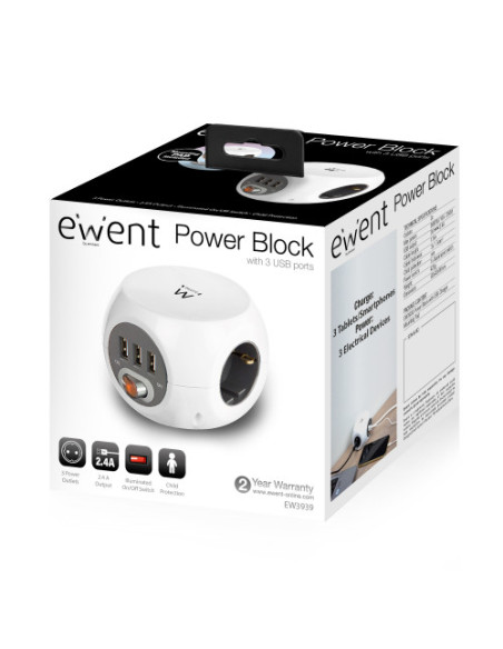 EWENT TOMA DE CORRIENTE CÚBICA CON TRES SALIDAS Y TRES ENTRADAS, INCLUYE 3 PUERTOS USB, 1,5M