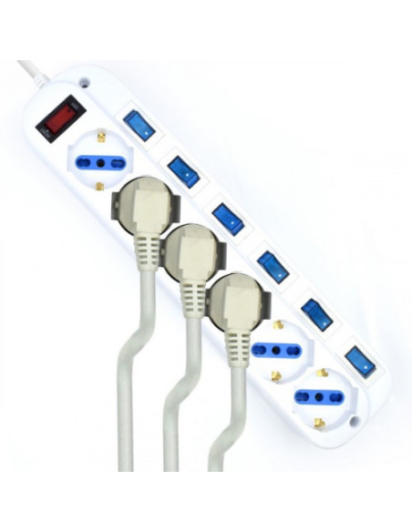 EWENT REGLETA 6 TOMAS SCHUKO CON INTERRUPTOR INDIVIDUAL. CABLE 3M. BLANCO (EW3932-3M)
