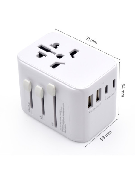 EWENT ADAPTADOR UNIVERSAL DE VIAJE + 2 PUERTOS USB Y 3 PUERTOS USB-C