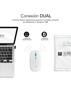 RATON OPTICO INALAMBRICO 2.4G Y BLUETOOTH RGB LED DUAL FLAT MOUSE WHITE 2