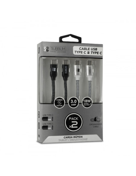 PACK 2 CABLES USB TIPO C – USB TIPO C (3.0A) BLACK/SILVER