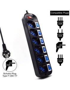 EWENT REGLETA DE 6 TOMAS CON INTERRUPTOR INDIVIDUAL COLOR NEGRO 2