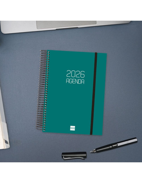 AGENDA ANUAL ESPIRAL FINOCAM 2026 OPAQUE E10 DÍA PÁGINA VERDE