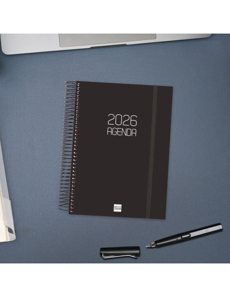 AGENDA ANUAL ESPIRAL FINOCAM 2026 OPAQUE E10 DÍA PÁGINA NEGRO