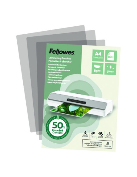 PACK 100 FUNDAS DE PLASTIFICAR RECICLADAS BRILLO A4 FELLOWES 100142987