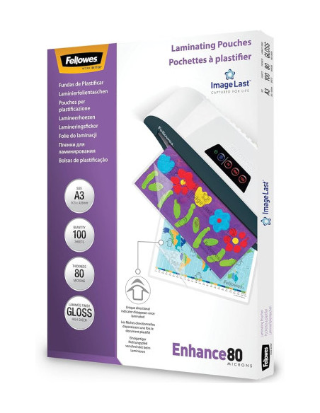 PACK 500 FUNDAS PLASTIFICAR 80 MICRAS BRILLO A3 (303X426 MM) FELLOWES 100144239