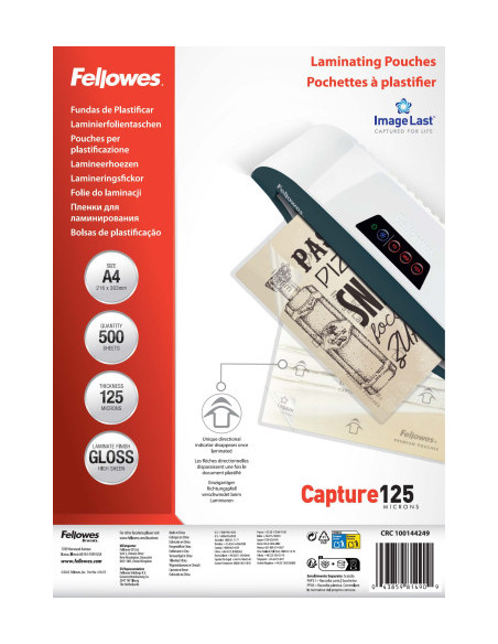 PACK 500 FUNDAS PLASTIFICAR 125 MICRAS BRILLO A4 (216X303 MM) FELLOWES 100144249