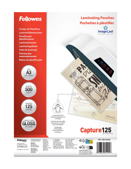 PACK 500 FUNDAS PLASTIFICAR 125 MICRAS BRILLO A3 (303X426 MM) FELLOWES 100144250