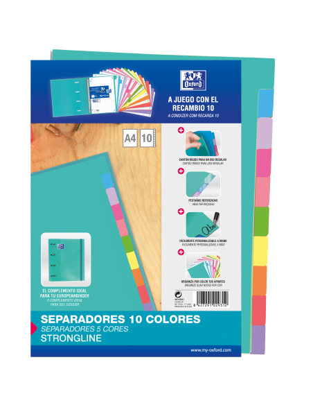 SEPARADORES CARTULINA STRONGLINE A4 10 POSICIONES - 10 COLORES OXFORD 400149957
