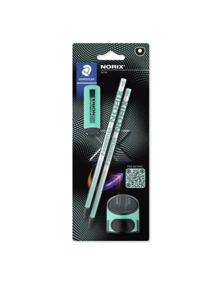 BLISTER CON 2 LÁPICES DE GRAFITO NORIX HB, AFILALÁPICES Y GOMA TURQUESA STAEDTLER 181 SBK2-3