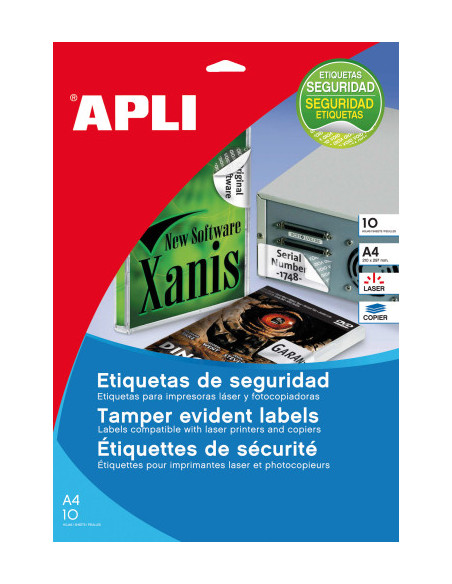 PAQUETE 10 HOJAS A4 ETIQUETAS DE SEGURIDAD POLIESTER PLATA 45,7 X 21,2MM APLI 11272