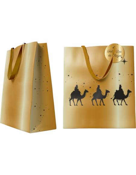 BOLSA DORADA PAPEL REYES MAGOS M (26x12x37 CM) CON TARJETA COLGANTE BISMARK 333672