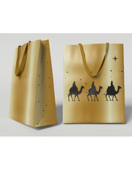 BOLSA DORADA PAPEL REYES MAGOS S (24X10X32 CM) CON TARJETA COLGANTE BISMARK 333673