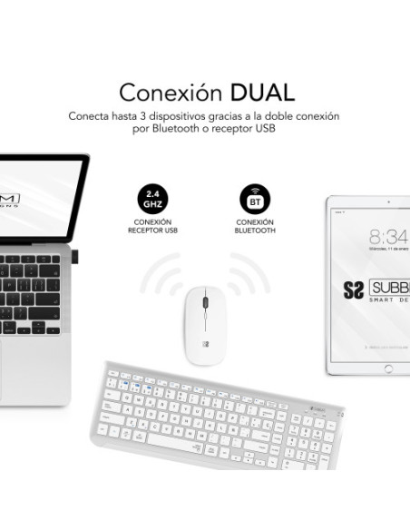 TECLADO CON RATÓN BLUETOOTH + 2.4G COMBO DUAL PRESTIGE EXTENDIDO PLATA/BLANCO