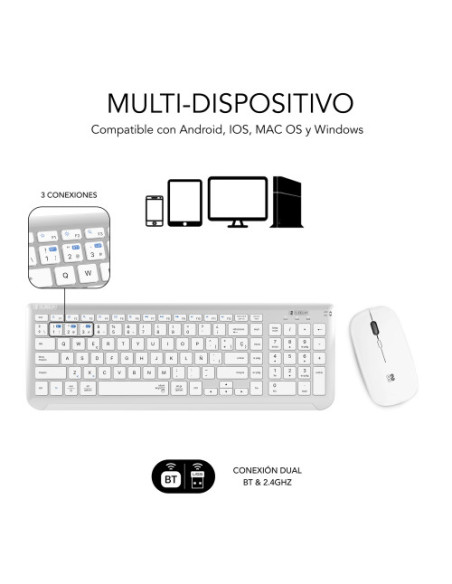 TECLADO CON RATÓN BLUETOOTH + 2.4G COMBO DUAL PRESTIGE EXTENDIDO PLATA/BLANCO