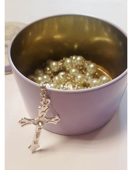CAJA METALICA CON ROSARIO PRIMERA COMUNION
