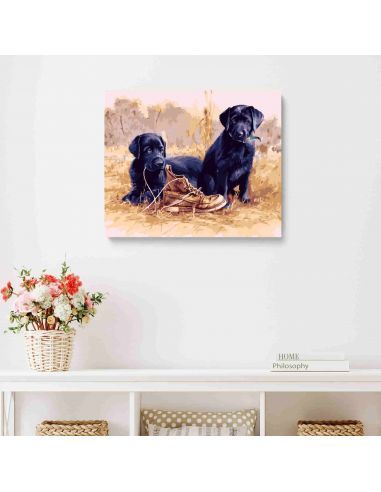 LIENZO PINTAR POR NUMEROS 40X50CM CACHORROS JUEGAN CON ZAPATO D0561
