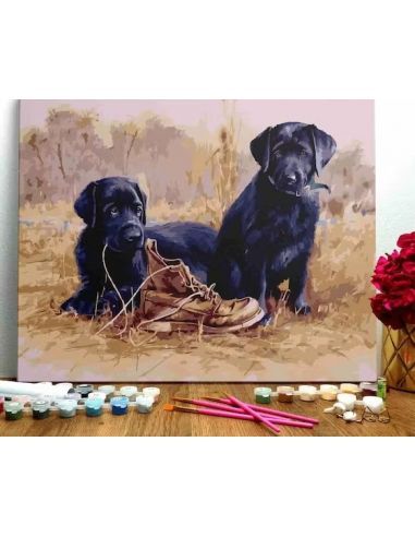 LIENZO PINTAR POR NUMEROS 40X50CM CACHORROS JUEGAN CON ZAPATO D0561