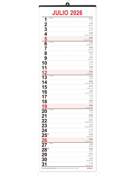 CALENDARIO PLANNING MENSUAL 2027 VERTICAL 16,5X49CM MYRGA REF:1596