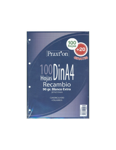 RECAMBIO ARCHIVADOR DINA4 120H 4 TALADROS 4X4 90GR PRAXTON