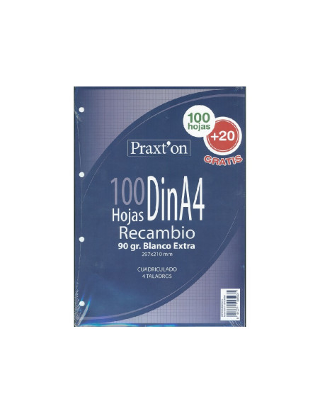 RECAMBIO ARCHIVADOR DINA4 120H 4 TALADROS 4X4 90GR PRAXTON