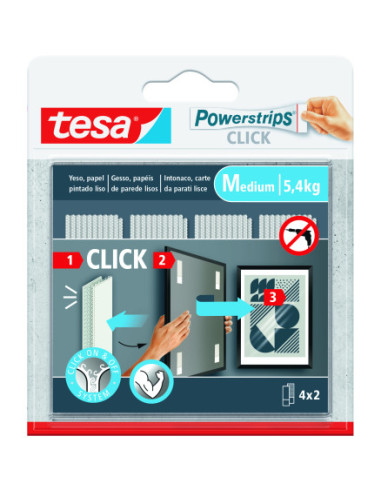 TIRAS ADHESIVAS CUELGA OBJETOS POWERSTRIPS CLIK 5,4KG 4 PARES 80x20MM "M" TESA 77721-00001-00