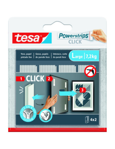 TIRAS ADHESIVAS CUELGA OBJETOS POWERSTRIPS CLIK 7,2KG  4 PARES 85X20MM "L" TESA 77722-00001-00