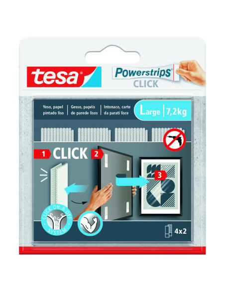 TIRAS ADHESIVAS CUELGA OBJETOS POWERSTRIPS CLIK 7,2KG  4 PARES 85X20MM "L" TESA 77722-00001-00