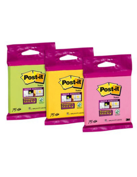 BLISTER BLOC 90 HOJAS NOTAS ADHESIVAS 76X76MM SUPER STICKY 654 COLORES SURTIDOS 6820-SS3N POST-IT 7100172224