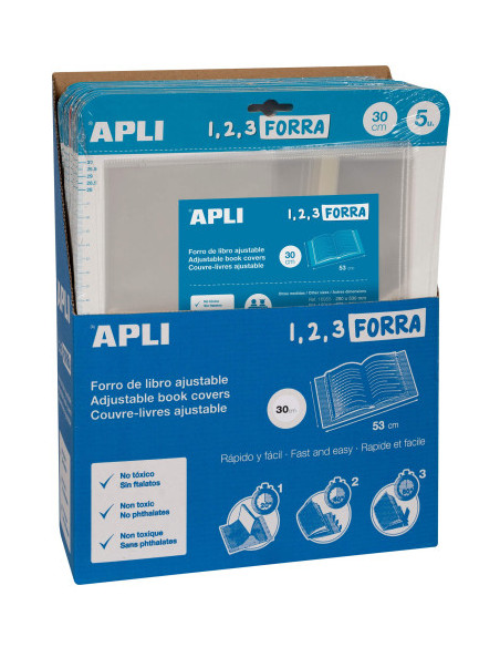 BLISTER CON 5 FORROS PARA LIBROS CON SOLAPA AJUSTABLE PP 300 MM APLI 16914