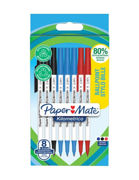 BLÍSTER 8 BOLÍGRAFOS PAPER MATE KILOMÉTRICO PUNTA MEDIANA (1
