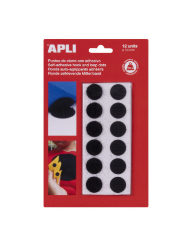 BLISTER 12 PUNTOS TIPO VELCRO ADHESIVOS COLOR NEGRO 19 MM DIAMETRO APLI 13658