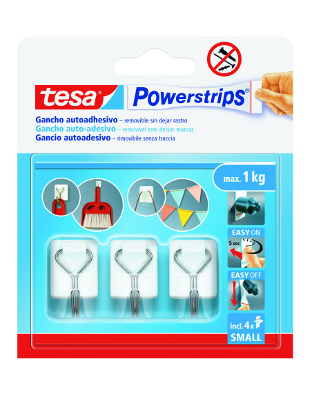 BLISTER 3 GANCHOS ADHESIVOS ALAMBRE POWERSTRIPS 1KG TAMAÑO S BLANCO TESA 57615-00001-00