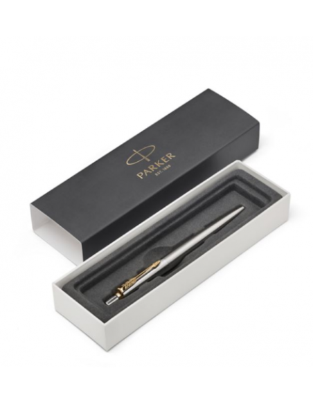 BOLIGRAFO RETRÁCTIL PARKER JOTTER DE ACERO INOXIDABLE CON RIBETE DORADO PUNTO MEDIO TINTA AZUL PARKER 1953182