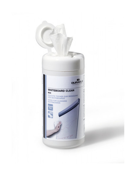 BOTE CON 100 TOALLITAS HÚMEDAS SIN ALCOHOL PARA LIMPIEZA DE PIZARRAS BLANCAS DURABLE 5759