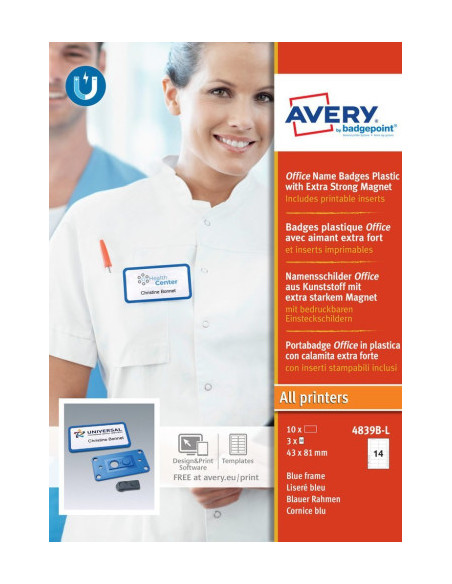 CAJA 10 PORTANOMBRES OFFICE BADGE AZUL CON IMÁN EXTRA FUERTE–37 X 75 MM AVERY 4839B-L