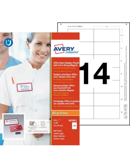 CAJA 10 PORTANOMBRES OFFICE BADGE ROJO CON IMÁN EXTRA FUERTE--37 X 75 MM AVERY 4839R-L