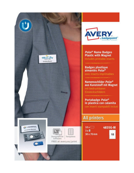CAJA 10 PORTANOMBRES POLAR BADGE ANTRACITA CON IMÁN–30 X 65 MM AVERY 4835G-M