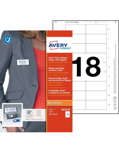 CAJA 10 PORTANOMBRES POLAR BADGE ANTRACITA CON IMÁN–30 X 65 MM AVERY 4835G-M