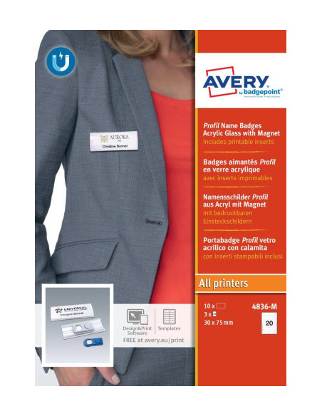 CAJA 10 PORTANOMBRES PROFIL BADGE CON IMÁN–27 X 75 MM AVERY 4836-M