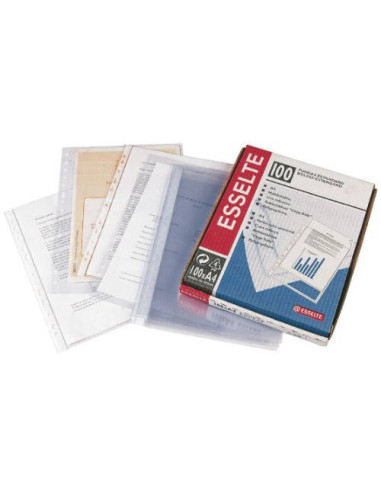 CAJA 100 FUNDAS POLIPROPILENO MULTITALADRO FORMATO FOLIO 50 MICRAS 16 TALADROS TRANSPARENTE ESSELTE 46114