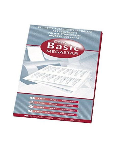 CAJA 100 HOJAS ETIQUETAS BLANCAS SIN MÁRGENES-LÁSER/INYECCIÓN DE TINTA/FOTOCOPIADORAS-210X148 MM MEGASTAR LP4MS-210148