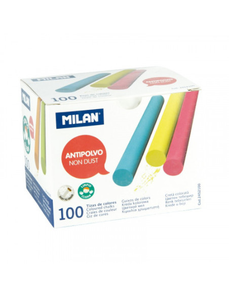 CAJA 100 TIZAS DE CARBONATO DE CALCIO DE COLORES REDONDAS -ANTIPOLVO MILAN 2452100