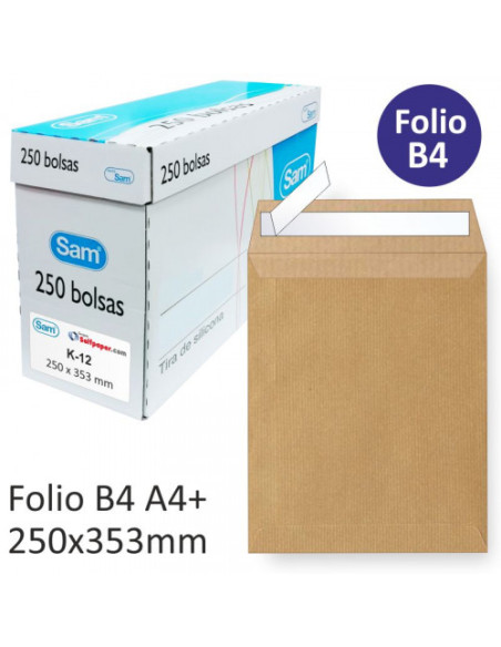 CAJA 250 BOLSAS DIN B4 FOLIO (250X353) KRAFT 90 GRS. AUTOSAM AUTOADHESIVO CON TIRA DE SILICONA SAM 145607