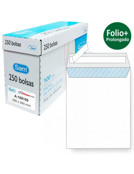 CAJA 250 BOLSAS FOLIO PROLONGADO (260X360) OFFSET BLANCO 100 GRS. OPENSAM AUTOADHESIVO CON TIRA DE SILICONA SAM 149005